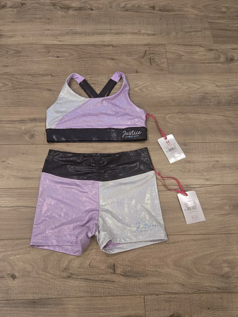 NWT Justice Girls Metallic Colorblock Sports Bra & Shorts 2PC Set Gym Dance M 10